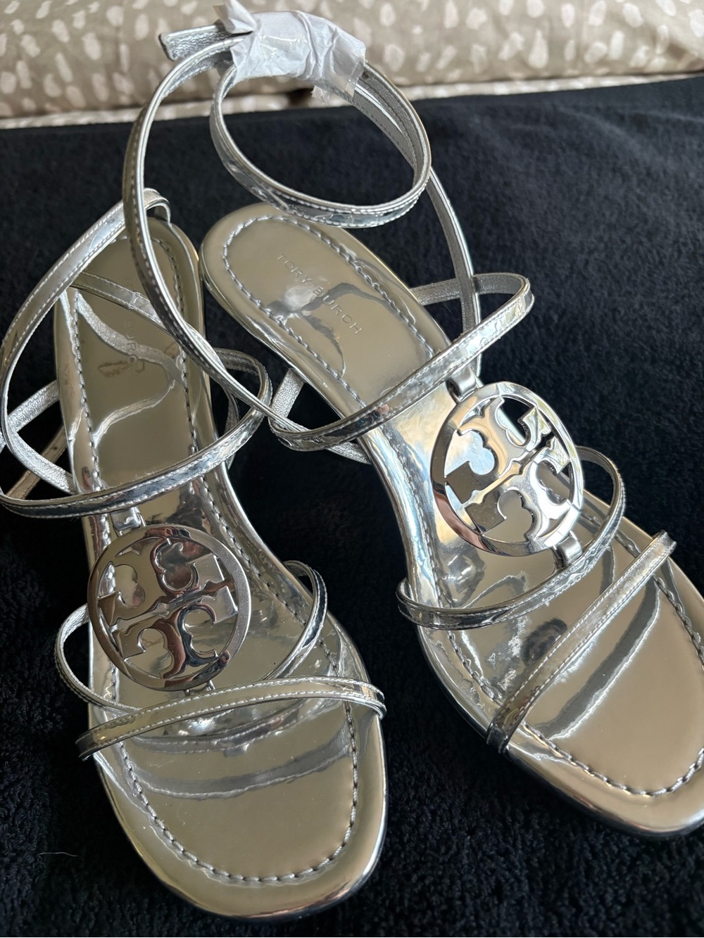 Tory Burch Metallic Silver Double T ankle Steap Heels Sandals Size 7 - NWOT